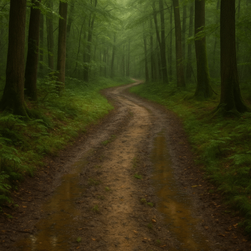 Chemin de terre humide traversant une forêt verdoyante, inspiration du parfum patchouli royal