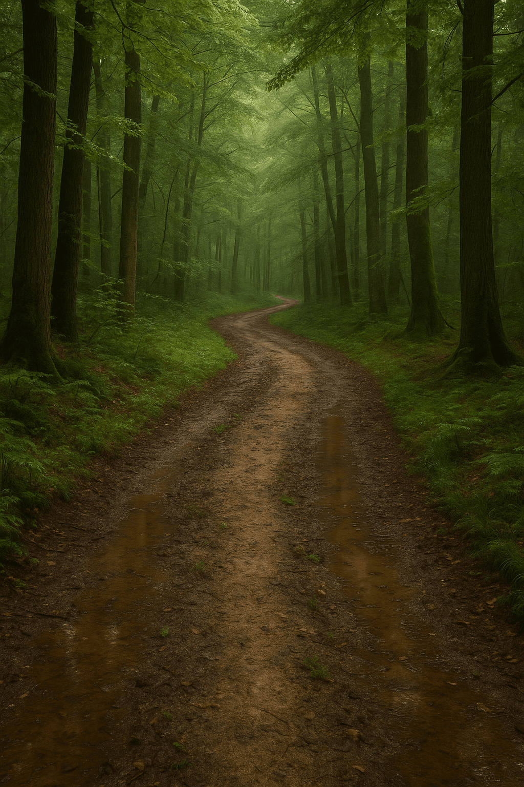 Chemin de terre humide traversant une forêt verdoyante, inspiration du parfum patchouli royal